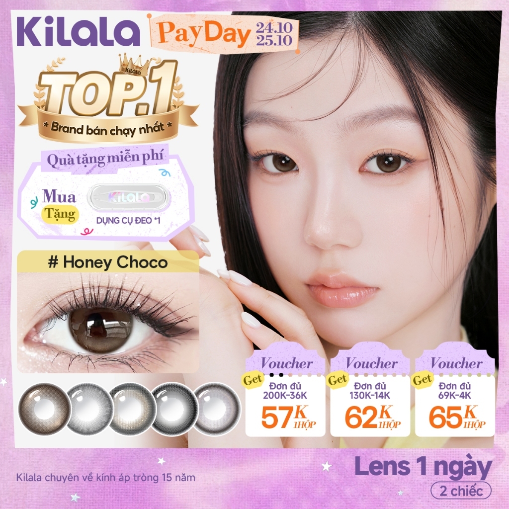 Kính áp tròng Kilala lens 1 ngày màu xám  DIA 14.0mm 14.2mm 14.5mm và màu xám Ice Oolong Brown,Ice Peach Grey,Honey Choco,Felinae Grey, Cold water Black lens cận 1 ngày có độ (0-7) 2 chiếc