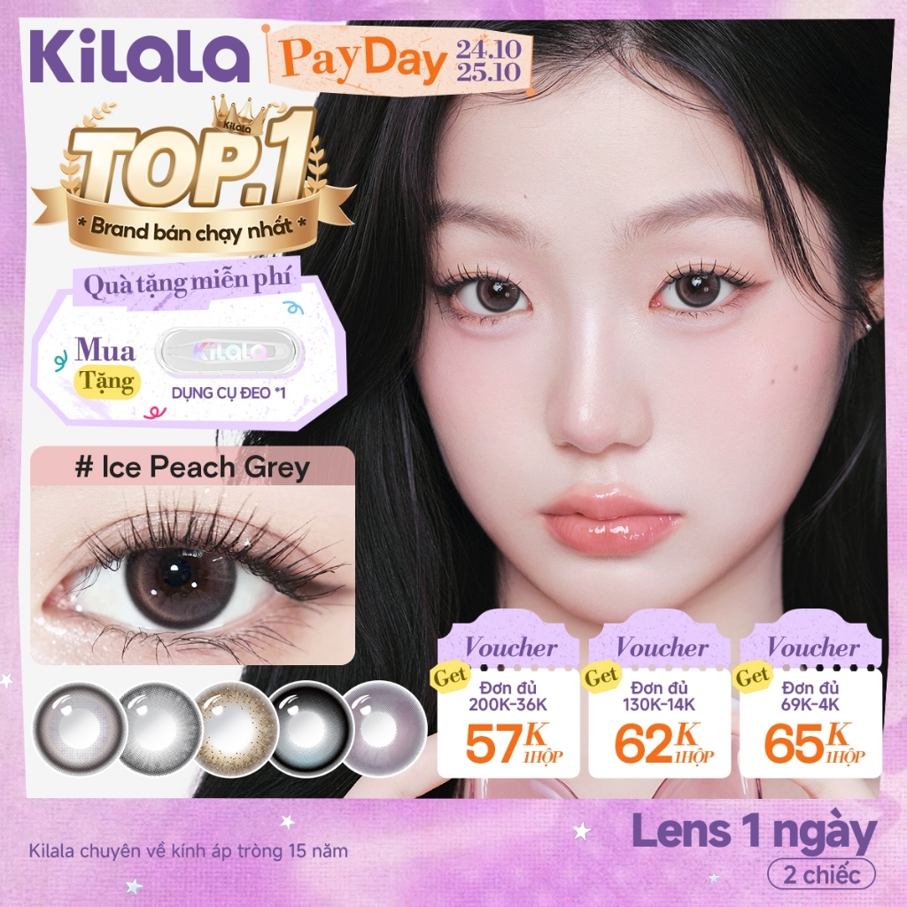 Kính áp tròng Kilala lens 1 ngày màu xám  DIA 14.0mm 14.2mm 14.5mm Ice Peach Grey,Chestnut Milk Brown,Amber Rose​,Starry Blue và màu xám  lens cận  có độ (0-7) 2 chiếc