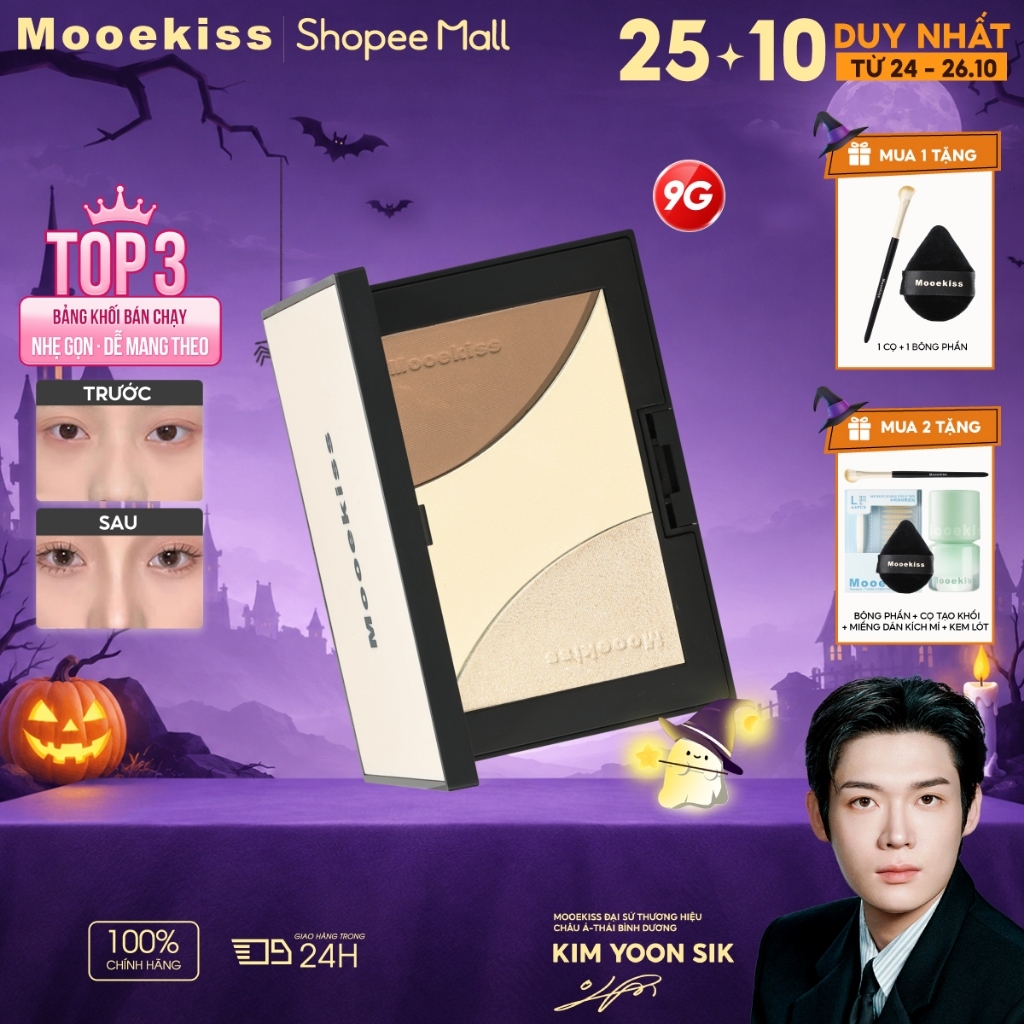 Bảng Tạo Khối & Highlight Mooekiss 3 Màu Mini 9g, Tự Nhiên, Lâu Trôi, Chống Nước, Dễ Tán [KIM YOON SIK]