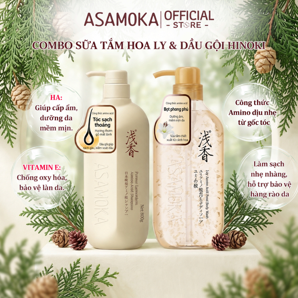 Bộ 2 ASAMOKA – Dầu gội Sakura hoặc Hinoki 500g/300g + Sữa tắm Hoa Ly 520g, làm sạch tóc và cơ thể