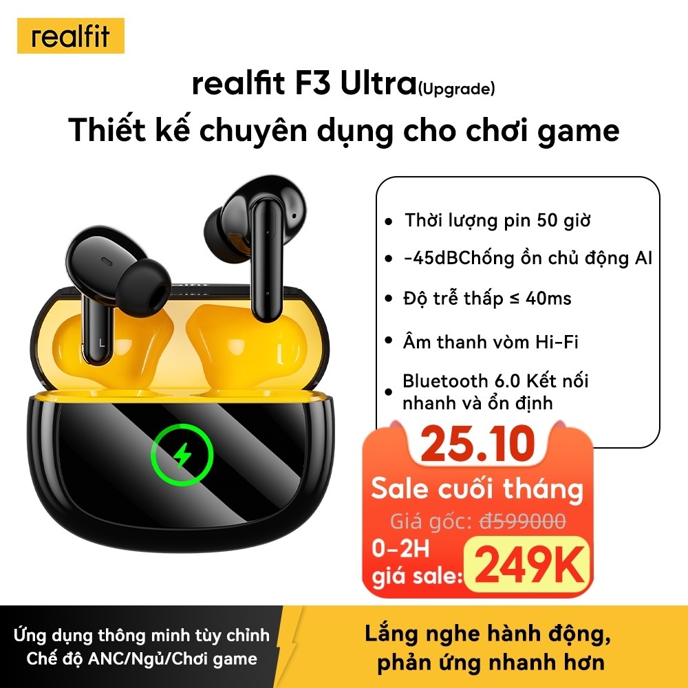 Tai nghe Realfit F3 Ultra Bass mạnh Khử ồn -45dB Điều khiển APP Pin 50H kết hợp hộp sạc, Độ trễ thấp
