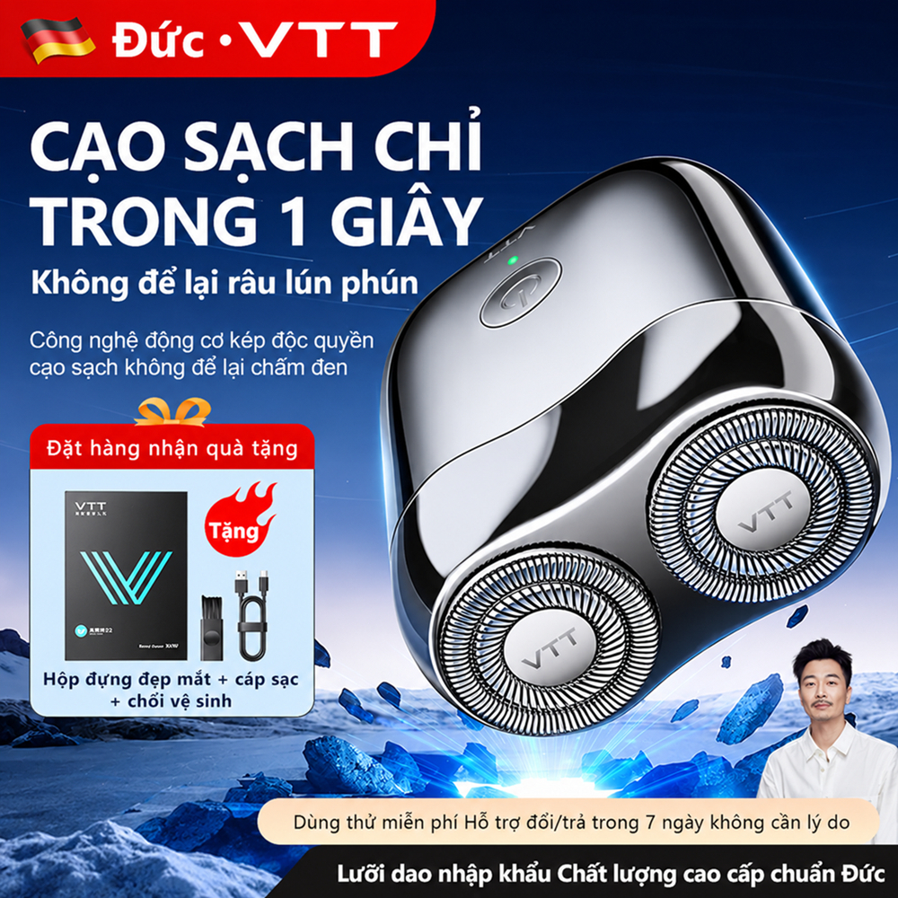Máy Cạo Râu VTT Điện Nam Chống Nước - Động Cơ Đức, Sạc Từ, Pin Trâu, Mini Quà Tặng Nam Giới