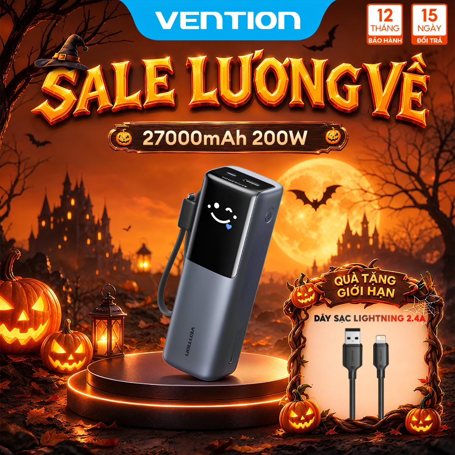 Sạc dự phòng nhanh 27.000mAh 200W, Cáp Type-C tích hợp 240W, Màn hình kỹ thuật số TFT với khuôn mặt cười AI, 2 cổng USB-A / C