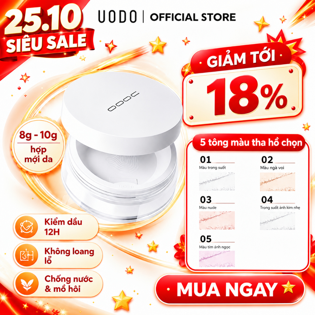 Phấn Phủ UODO Chống Nước Thấm Mồ Hôi Kiềm Dầu Phấn Mịn Không Xệ 5 Màu 8g/10g