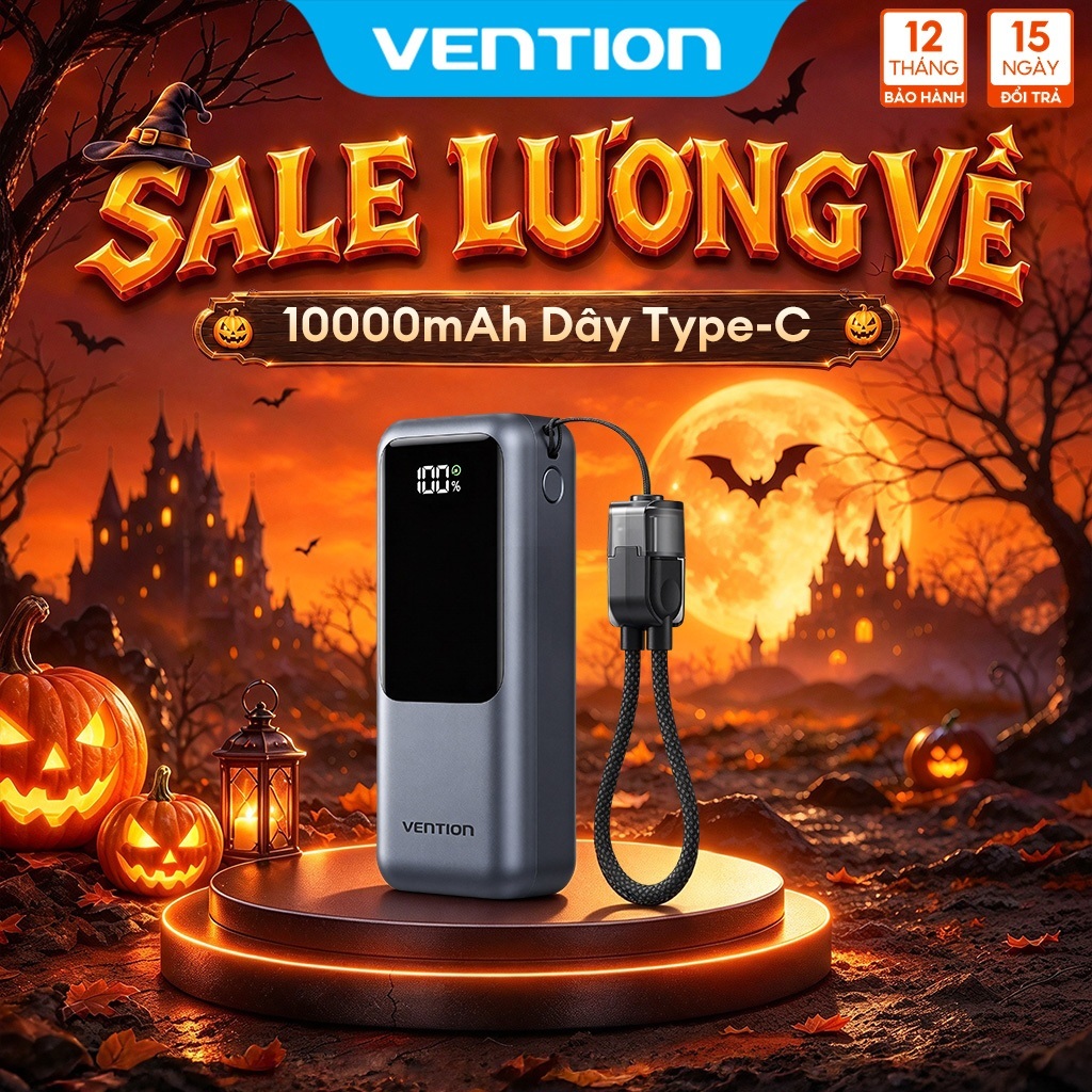 【Hàng mới 2026】Vention Sạc dự phòng 10000mAh có dây đeo và cáp Type-C tích hợp sạc nhanh 22.5W hoàn hảo cho du lịch bảo hành chính hãng Dùng được cho IPhone, Samsung, Xiaomi, Vi…
