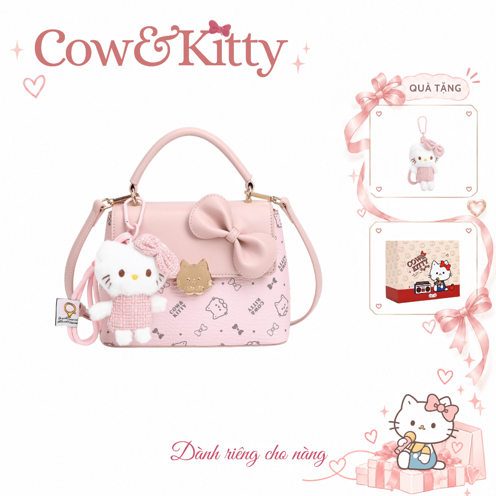 Túi đựng giỏ Cow & Kitty Pink có dây kéo và túi tote quyến rũ mèo dành cho nữ