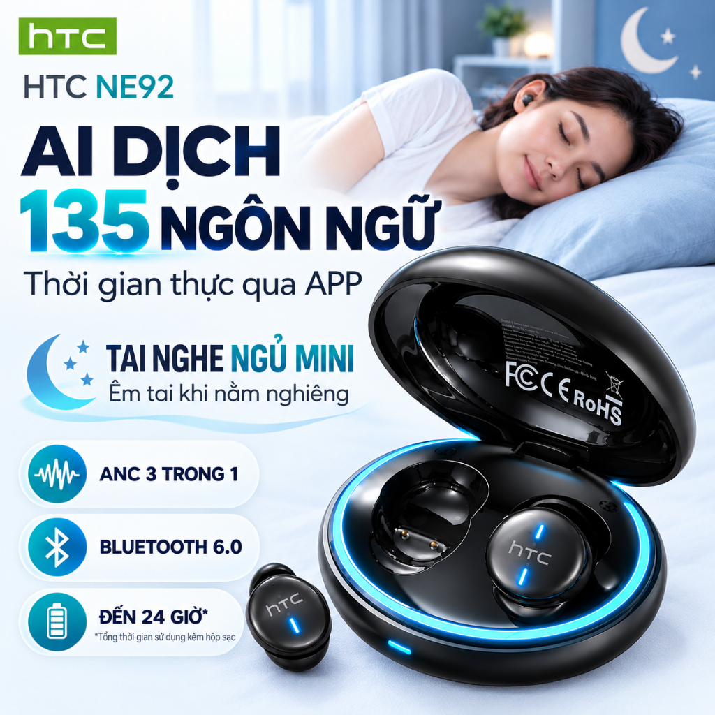 HTC NE92 Mini Tai Nghe Ngủ Bluetooth , AI Phiên Dịch Thời Gian Thực, Nhỏ Gọn Êm Tai Khi Nằm Nghiêng tăng cường tiếng ồn chủ động Cách ly âm thanh ba lớp, Tuổi thọ pin dài, Bluetooth 6.0
