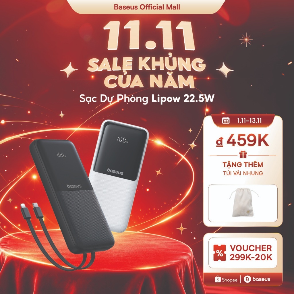 Sạc Dự Phòng Baseus Lipow 20000mAh – Cáp Kép, Màn Hình Kỹ Thuật Số, Công Suất 22.5W