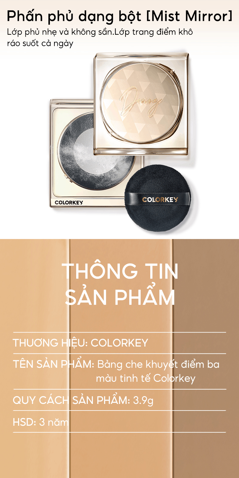 Mô tả Bảng kem che khuyết điểm COLORKEY 3 màu mịn lâu trôi 3.9g - 5