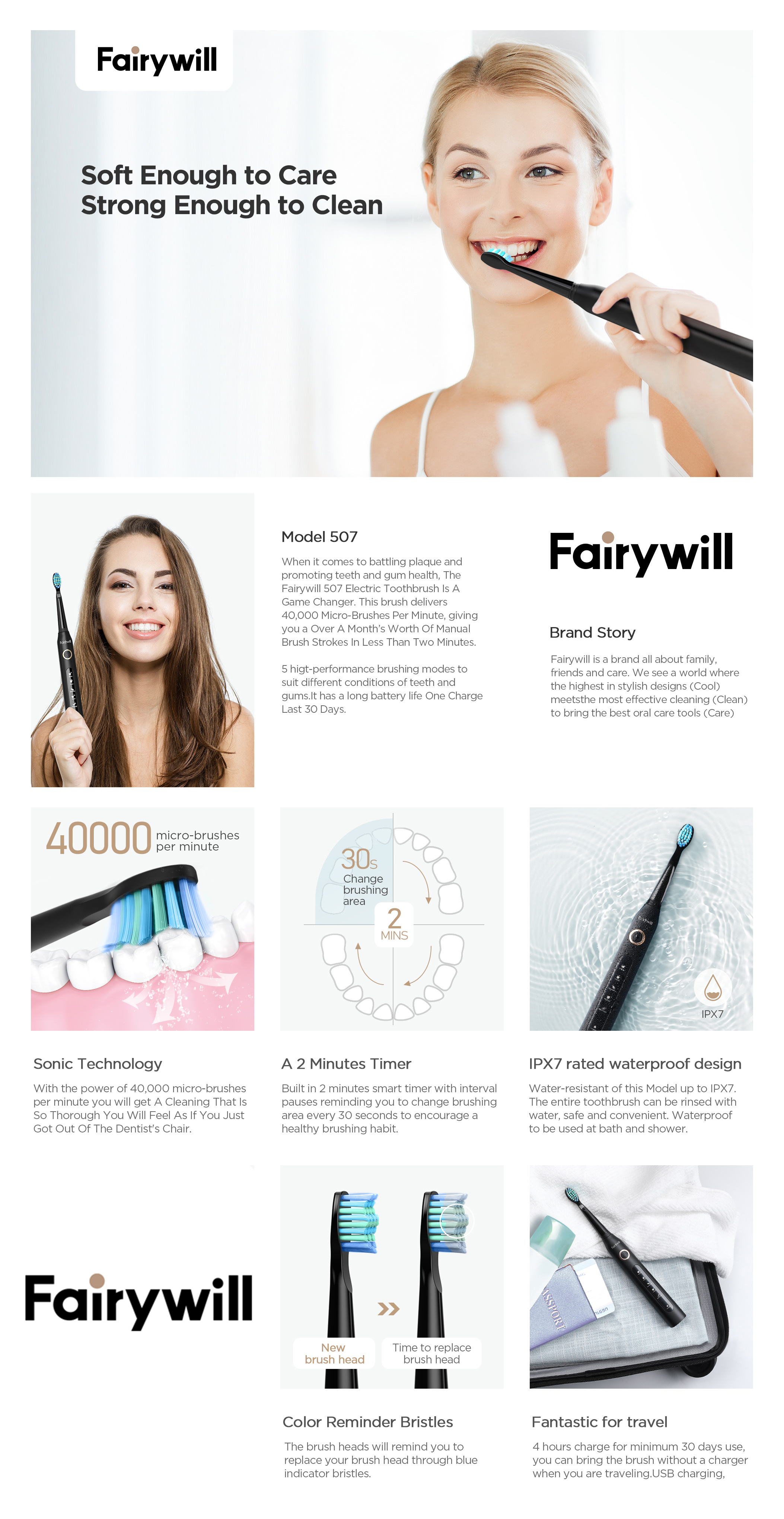 Mô tả Bàn chải đánh răng điện FAIRYWILL 507 có các đầu thay thế làm sạch tiện lợi - 1