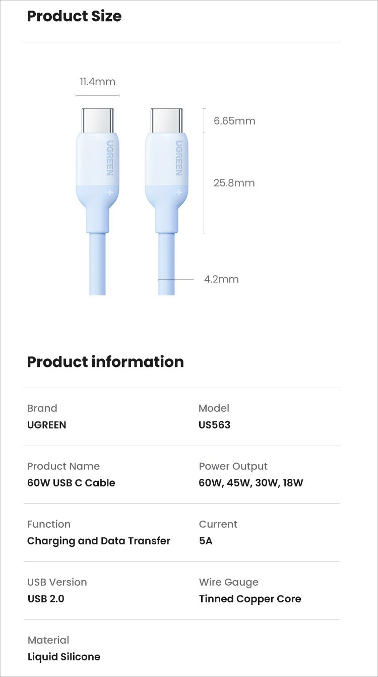 Ugreen 60W USB C sang Type C Cáp sạc nhanh PD cho Macbook Xiaomi Samsung POCO Cáp USB silicon lỏng – ảnh mô tả chi tiết 12
