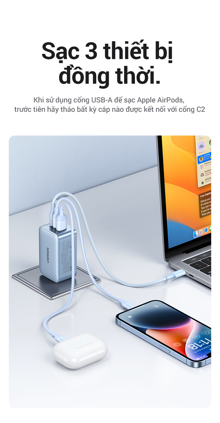 GaN UGREEN Sạc nhanh USB-A USB-C GaN 65W hai cổng thích hợp cho iPhone 18 Pro Max iPhone 17 Pro Max iPhone 16 Pro Max iPhone X 12 13 14 15Pro Max/ Samsung S22 S23/ Xiaomi 13 – ảnh mô tả chi tiết 5