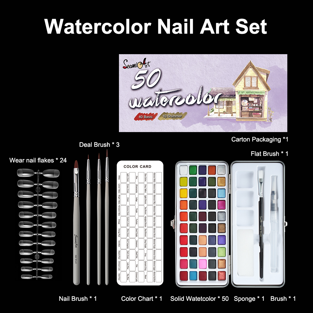 Mô tả Set màu nước nghệ thuật làm móng SEAMIART 202 * 82 * 33mm 50 màu cơ bản với cọ sơn móng - 2
