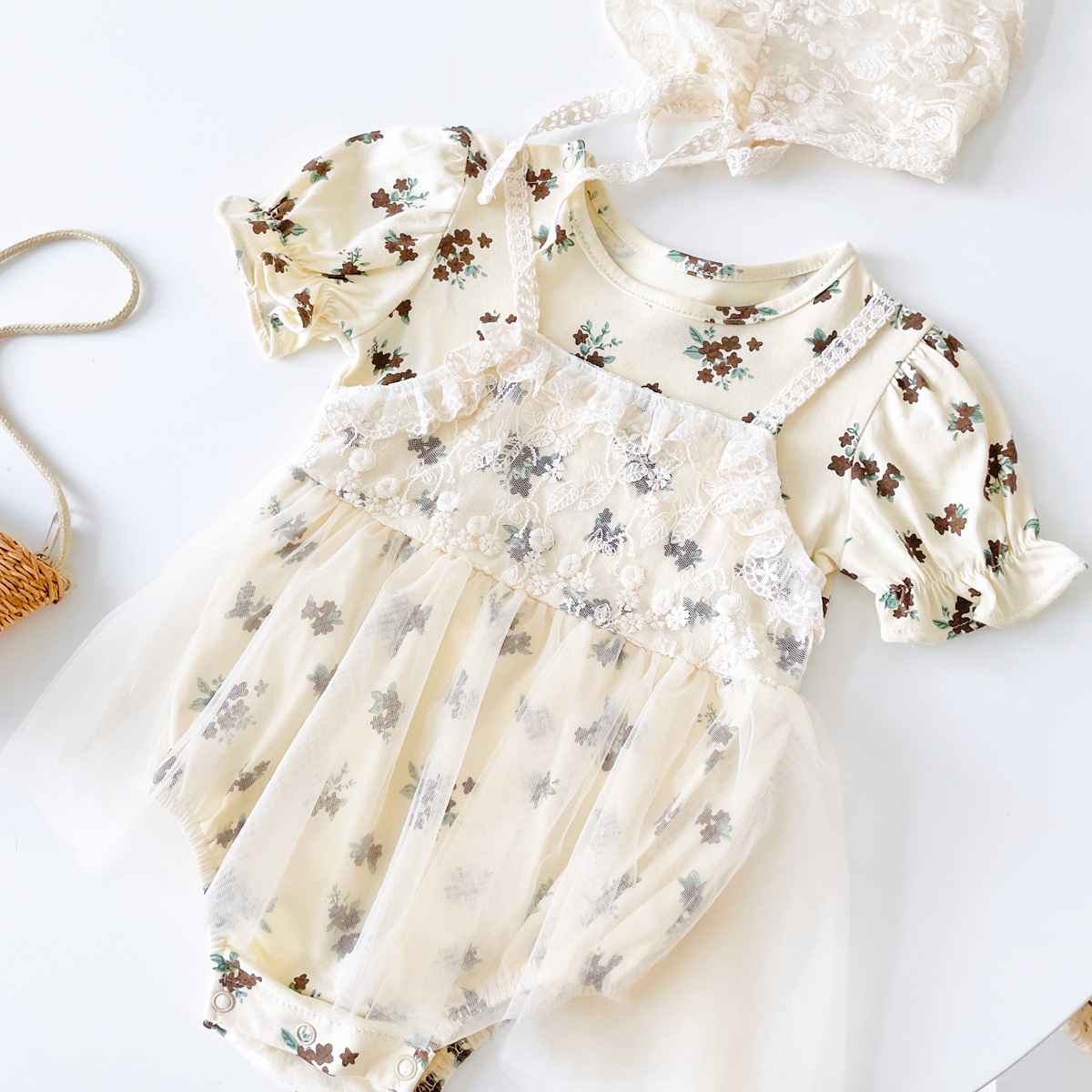 Mô tả Bộ đồ liền thân ngắn tay mùa hè cho bé gái Quần áo ren Cotton có mũ thông thường - 6