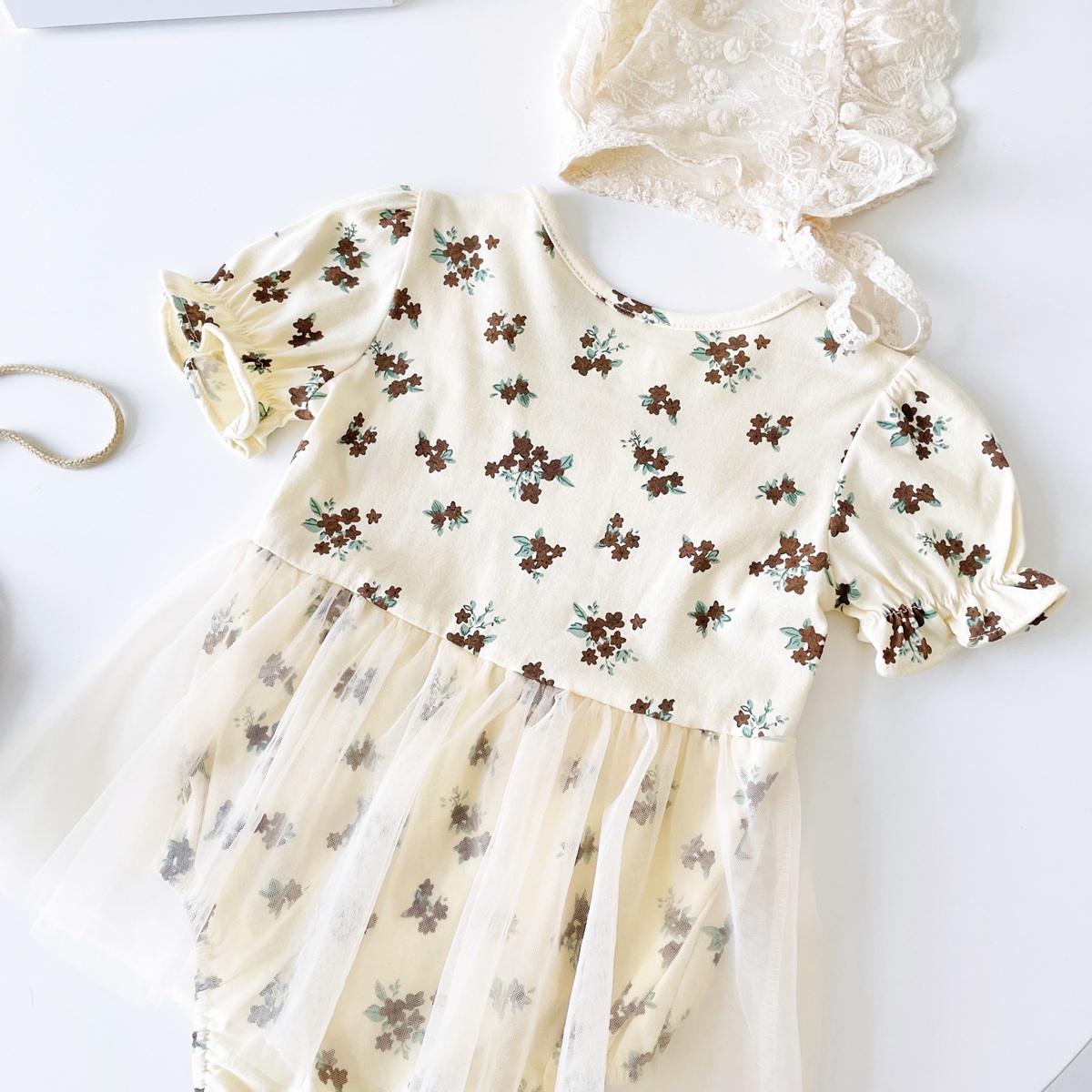 Mô tả Bộ đồ liền thân ngắn tay mùa hè cho bé gái Quần áo ren Cotton có mũ thông thường - 8
