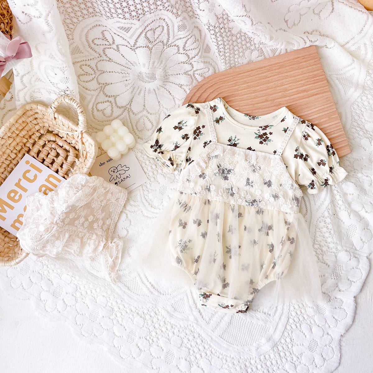 Mô tả Bộ đồ liền thân ngắn tay mùa hè cho bé gái Quần áo ren Cotton có mũ thông thường - 3