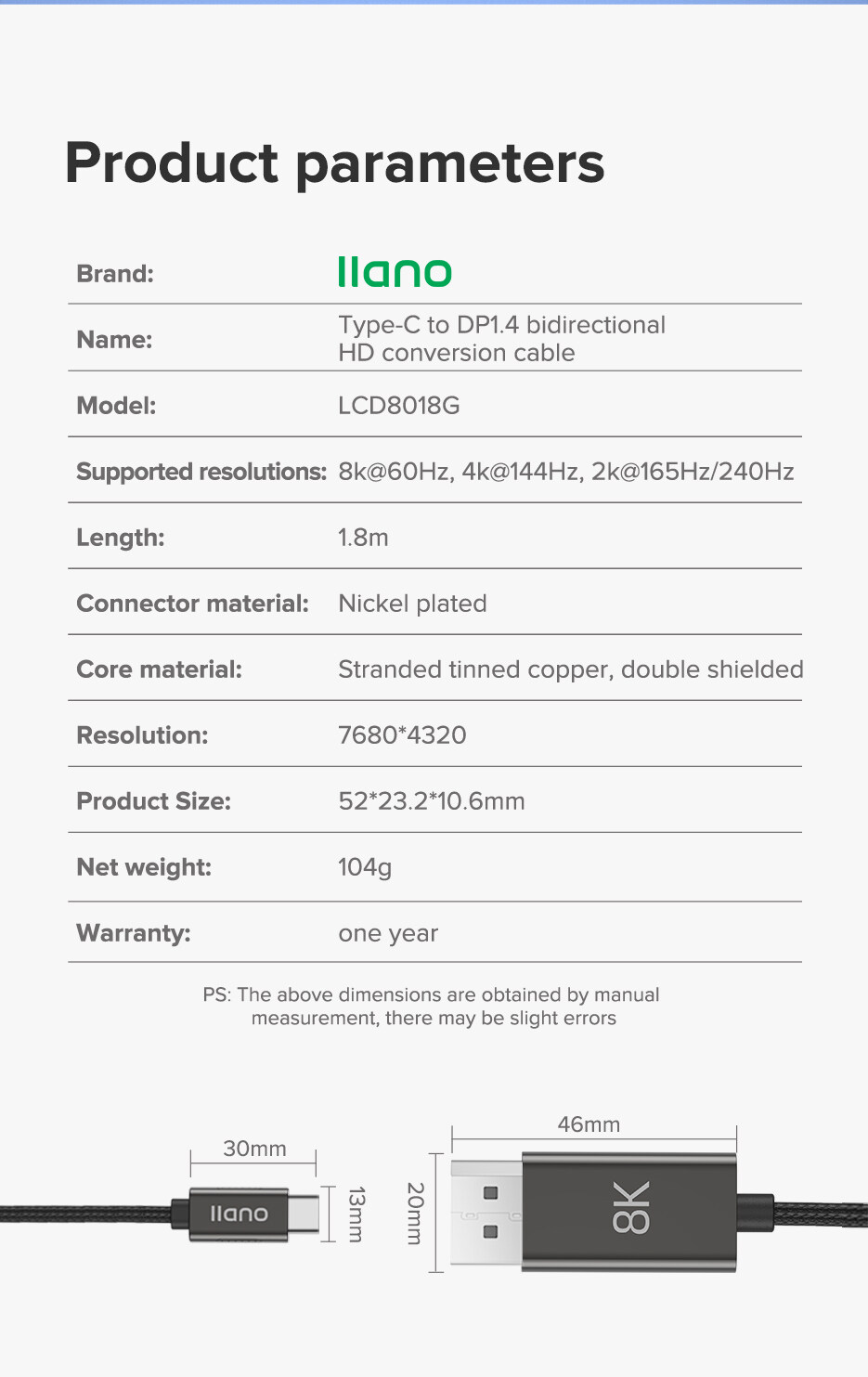 Cáp Type-C DP Llano LCD8018G