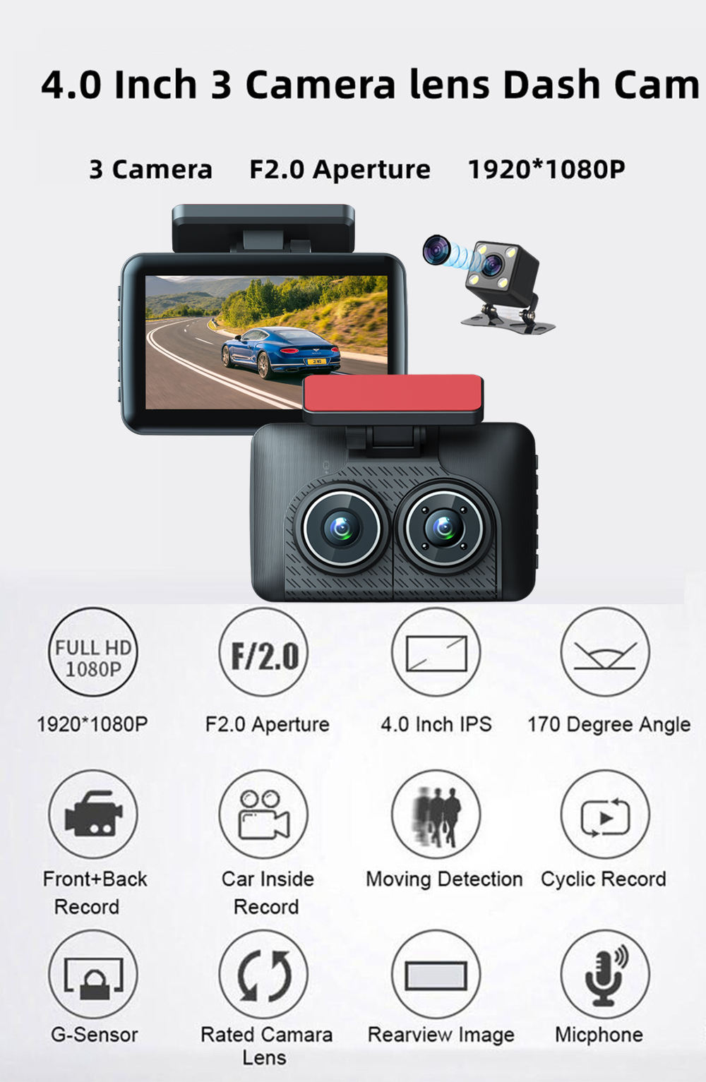 Mô tả Camera Hành Trình DVR 4.0 Inch 3 Lens HD 1080P Góc Rộng 360 Độ Cho Xe Hơi - 2