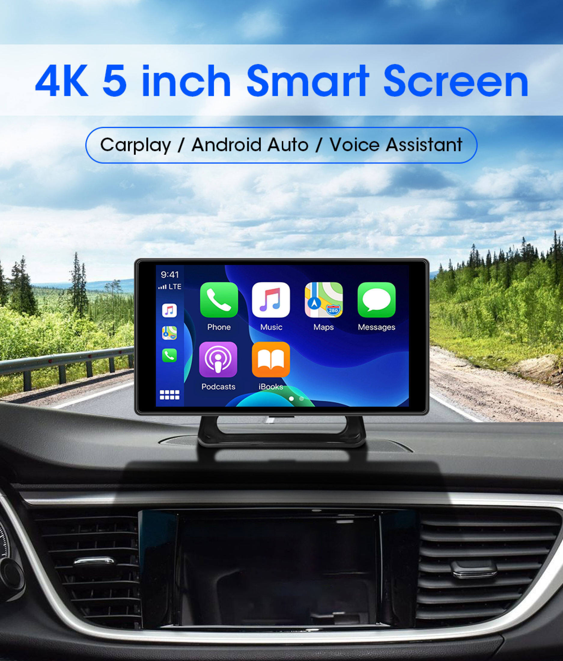 Mô tả Elkeva 5 inch 4K + 1080P Ghi Video trên ô tô Carplay & Android Kết nối không dây tự động Bảng điều hướng GPS DVR AI Voice Bluetooth AUX - 1