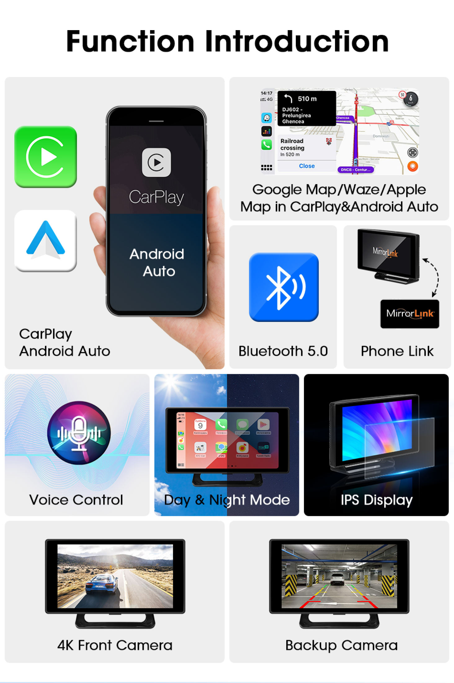 Mô tả Elkeva 5 inch 4K + 1080P Ghi Video trên ô tô Carplay & Android Kết nối không dây tự động Bảng điều hướng GPS DVR AI Voice Bluetooth AUX - 2
