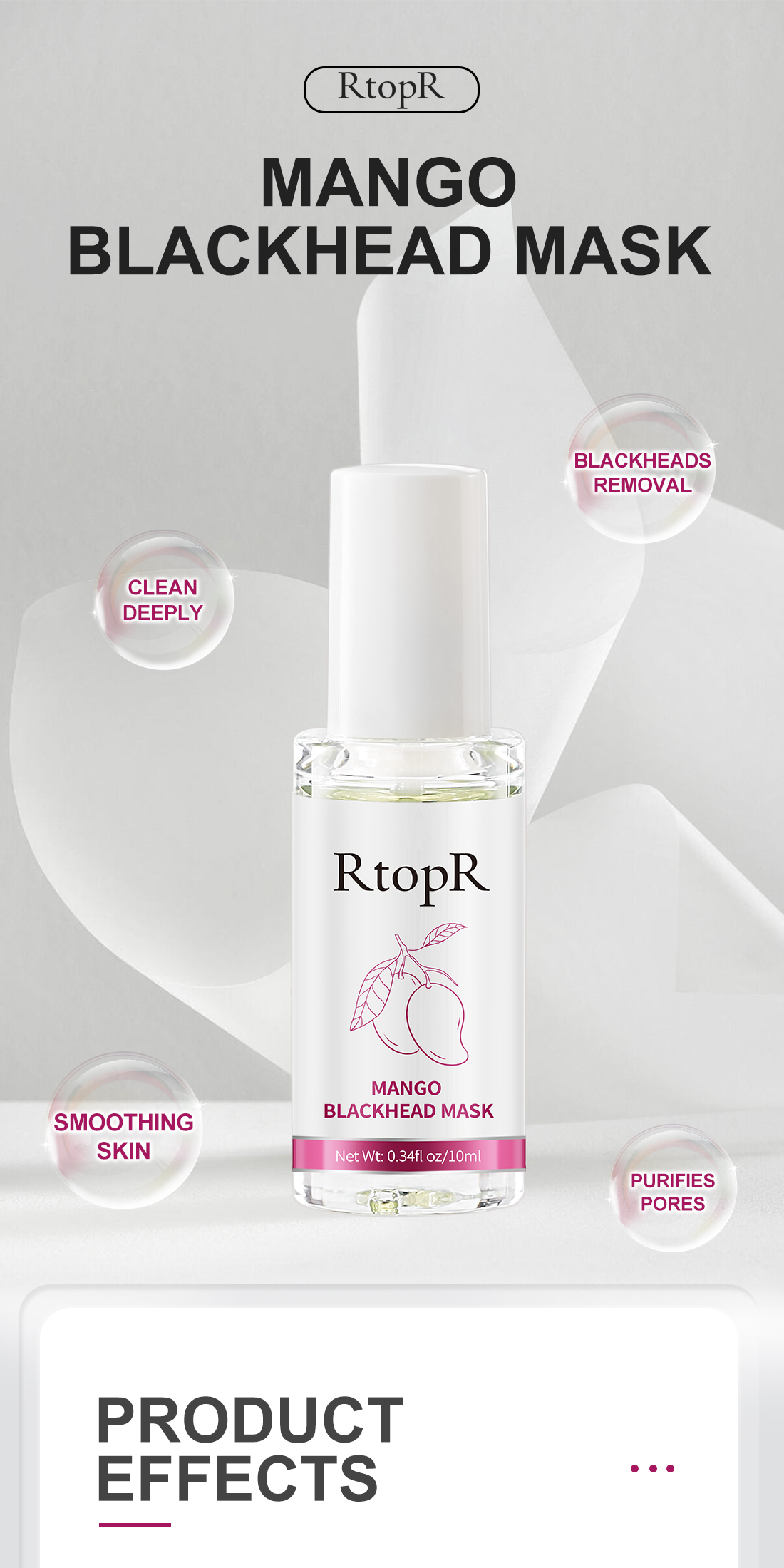 Mô tả Set sản phẩm lột mụn đầu đen RtopR gồm serum + 50 giấy lột mụn cho mũi 10ml RtopR Mango Blackhead Remover Mask Deep Cleans Pores 10ml+50pcs paper - 1