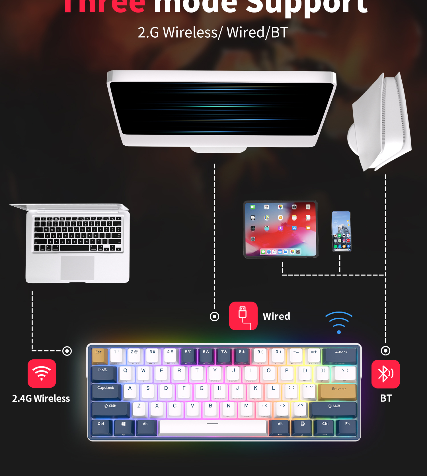 Mô tả Bàn phím cơ ROYAL KLUDGE Rk61Plus 2.4G Kh Ng D Y bluetooth 3.0 V Usb C Ba Ch có đèn nền Rgb - 5