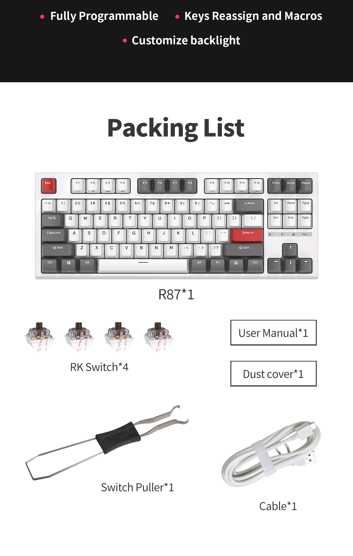 Bàn phím cơ có dây ROYAL KLUDGE RK R87 87 phím chuyên nghiệp có dây ...