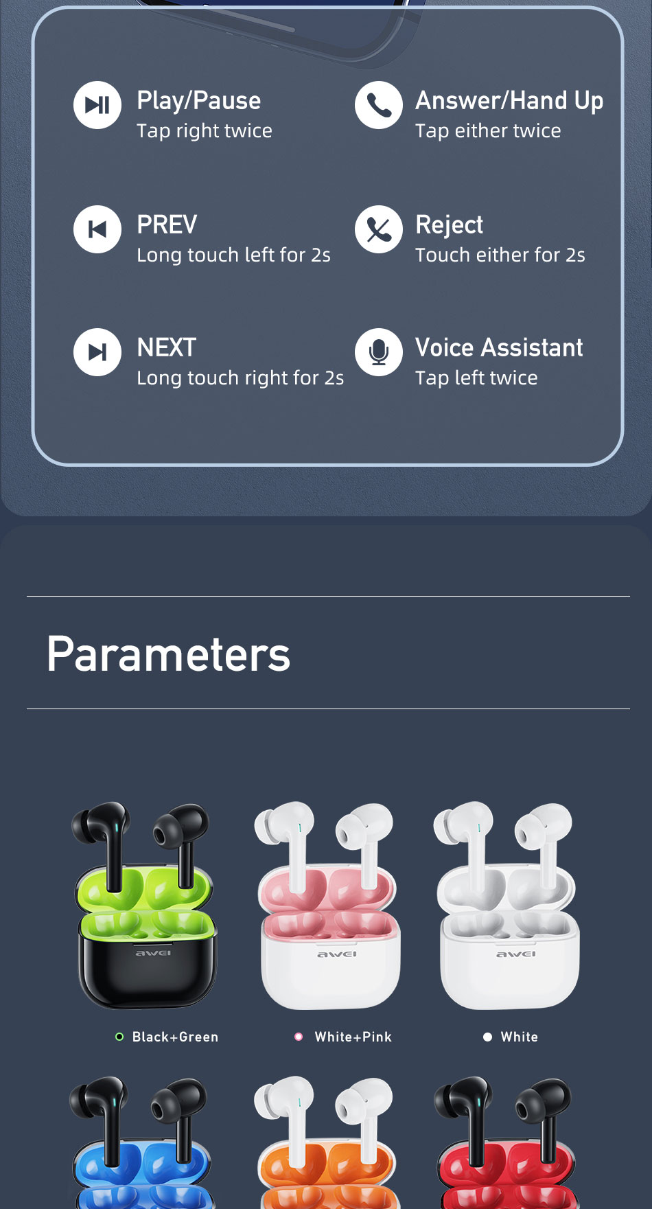 Mô tả Tai Nghe Bluetooth Chính Hãng Awei T1 Pro TWS Không Dây Chống Nước IPX6 có Mic HD Pin Trâu - 10