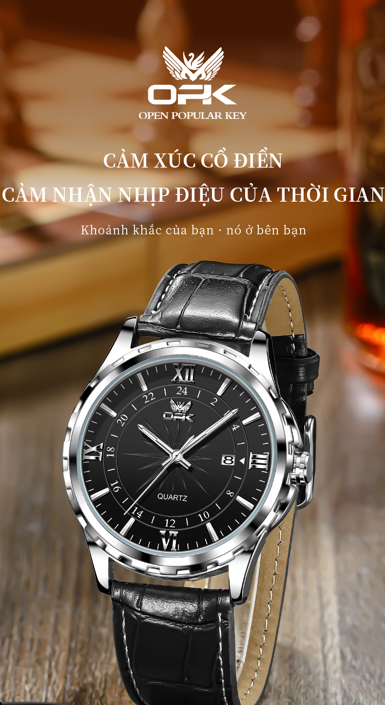 Mô tả Đồng hồ nam OPK 6003 dạ quang dây da chống nước có lịch đơn giản - 1