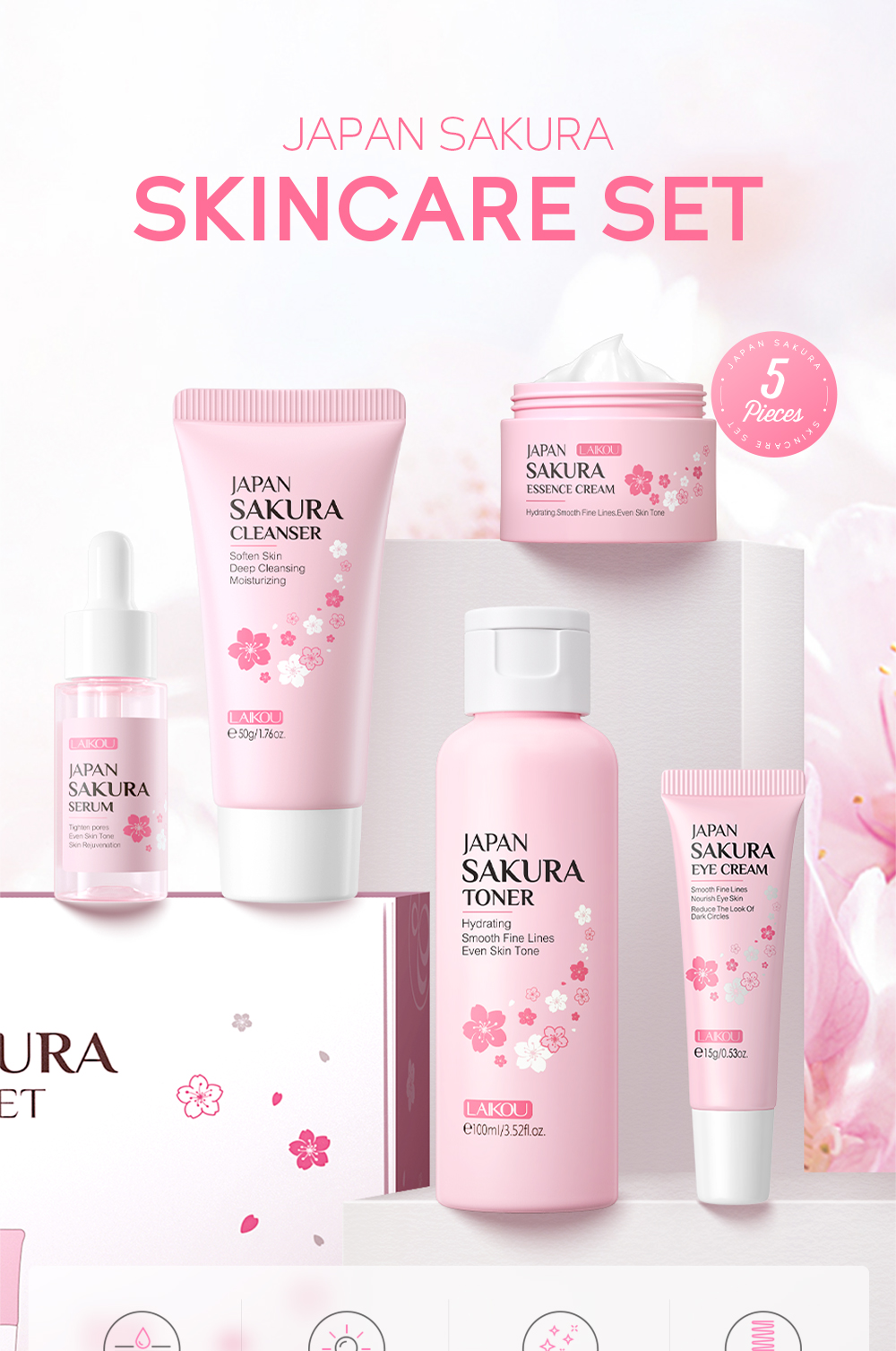 Mô tả Bộ 5 sản phẩm chăm sóc da mặt LAIKOU làm sáng và trẻ hóa làn da chiết xuất hoa anh đào - 1