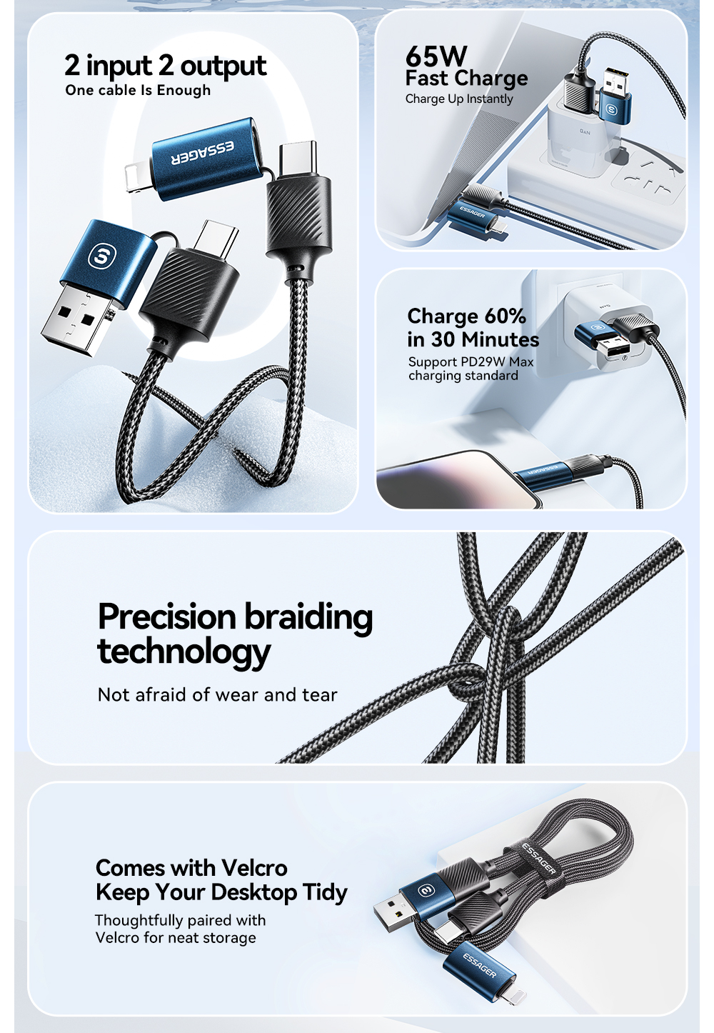 Mô tả Dây cáp sạc ESSAGER 4 trong 1 USB Type C ios 65W fsat cho điện thoại - 2