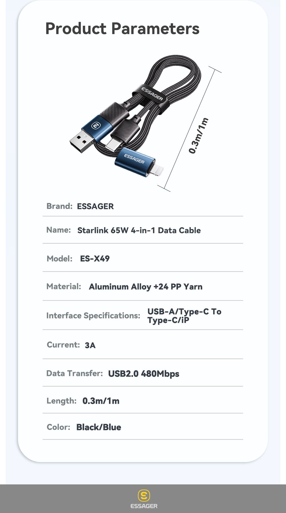 Mô tả Dây cáp sạc ESSAGER 4 trong 1 USB Type C ios 65W fsat cho điện thoại - 11