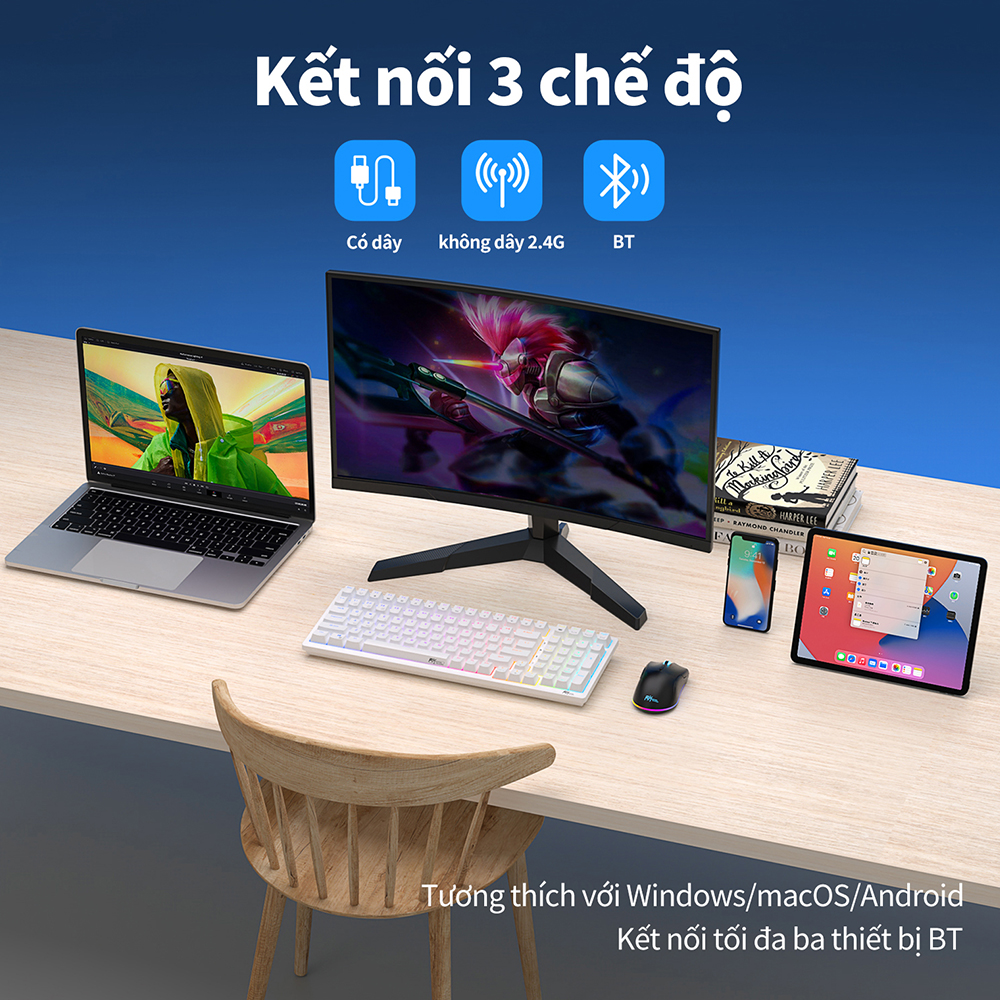 Mô tả Bàn phím cơ khí ROYAL KLUDGE RK98 98 phím RGB Backlight hỗ trợ cắm nóng với ba chế độ Bluetooth 2.4G không dây/có dây - 2
