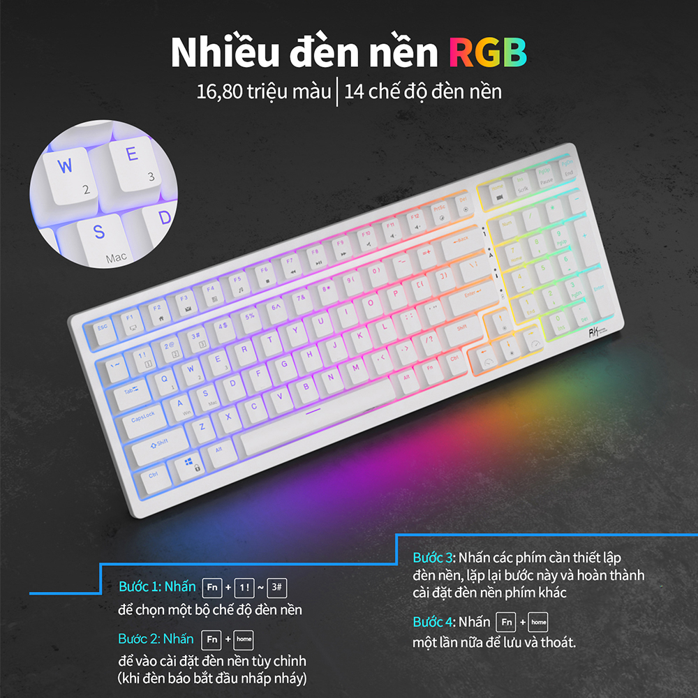 Mô tả Bàn phím cơ khí ROYAL KLUDGE RK98 98 phím RGB Backlight hỗ trợ cắm nóng với ba chế độ Bluetooth 2.4G không dây/có dây - 3