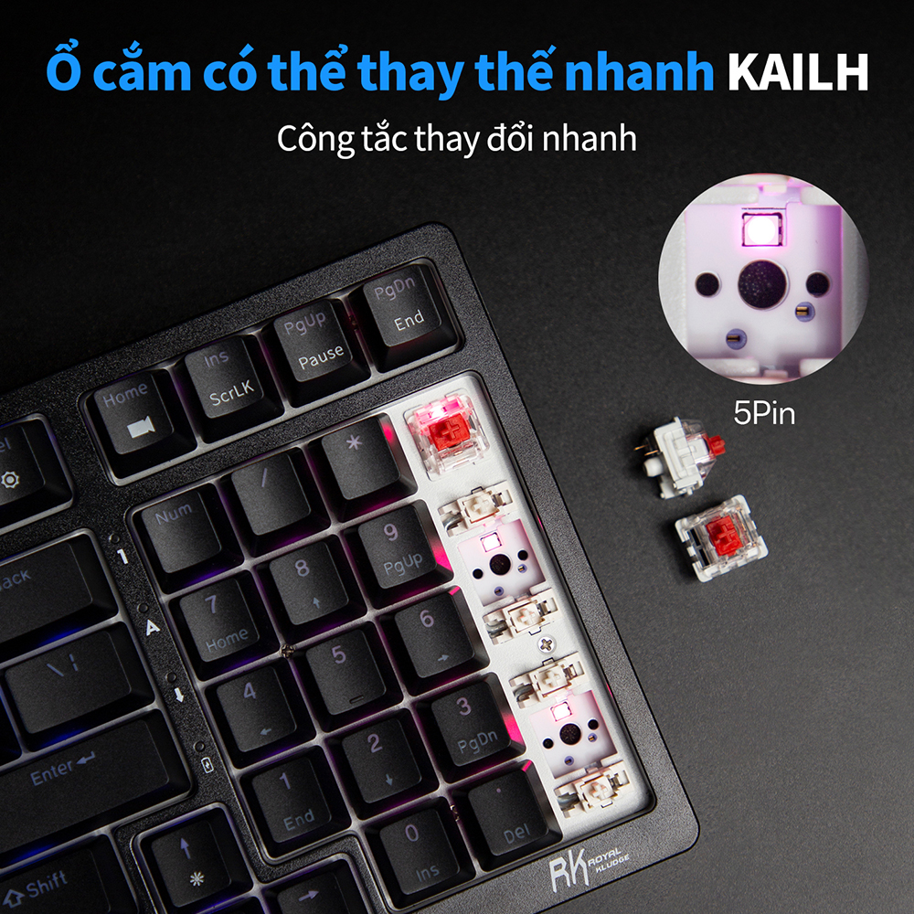 Mô tả Bàn phím cơ khí ROYAL KLUDGE RK98 98 phím RGB Backlight hỗ trợ cắm nóng với ba chế độ Bluetooth 2.4G không dây/có dây - 4