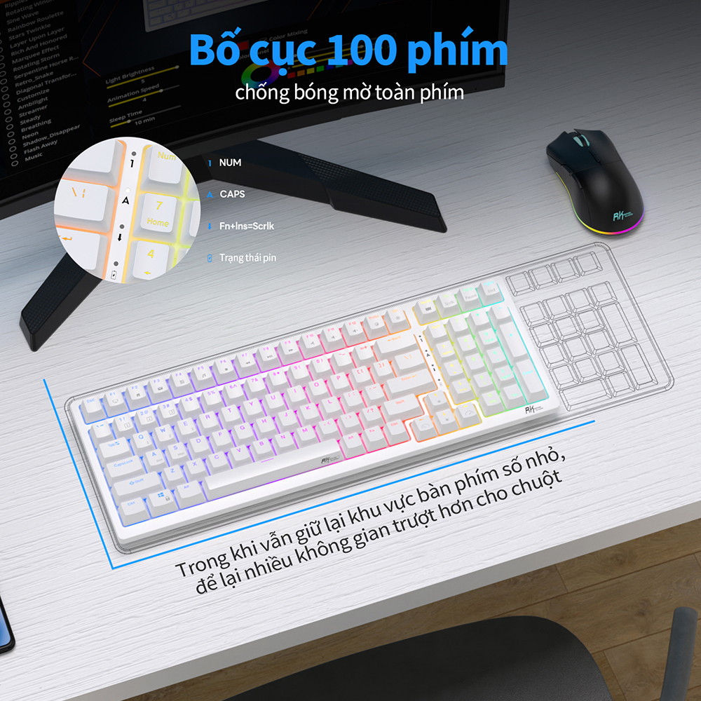 Mô tả Bàn phím cơ khí ROYAL KLUDGE RK98 98 phím RGB Backlight hỗ trợ cắm nóng với ba chế độ Bluetooth 2.4G không dây/có dây - 7