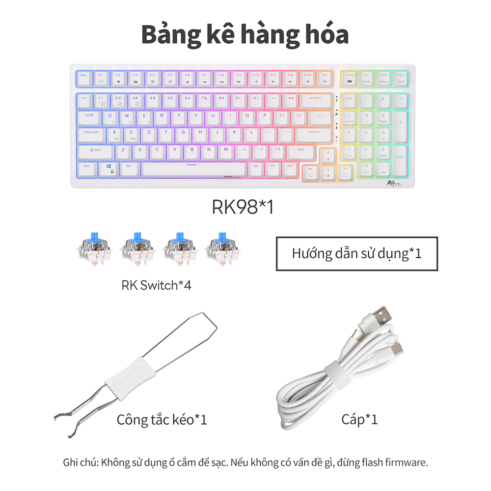 Mô tả Bàn phím cơ khí ROYAL KLUDGE RK98 98 phím RGB Backlight hỗ trợ cắm nóng với ba chế độ Bluetooth 2.4G không dây/có dây - 12