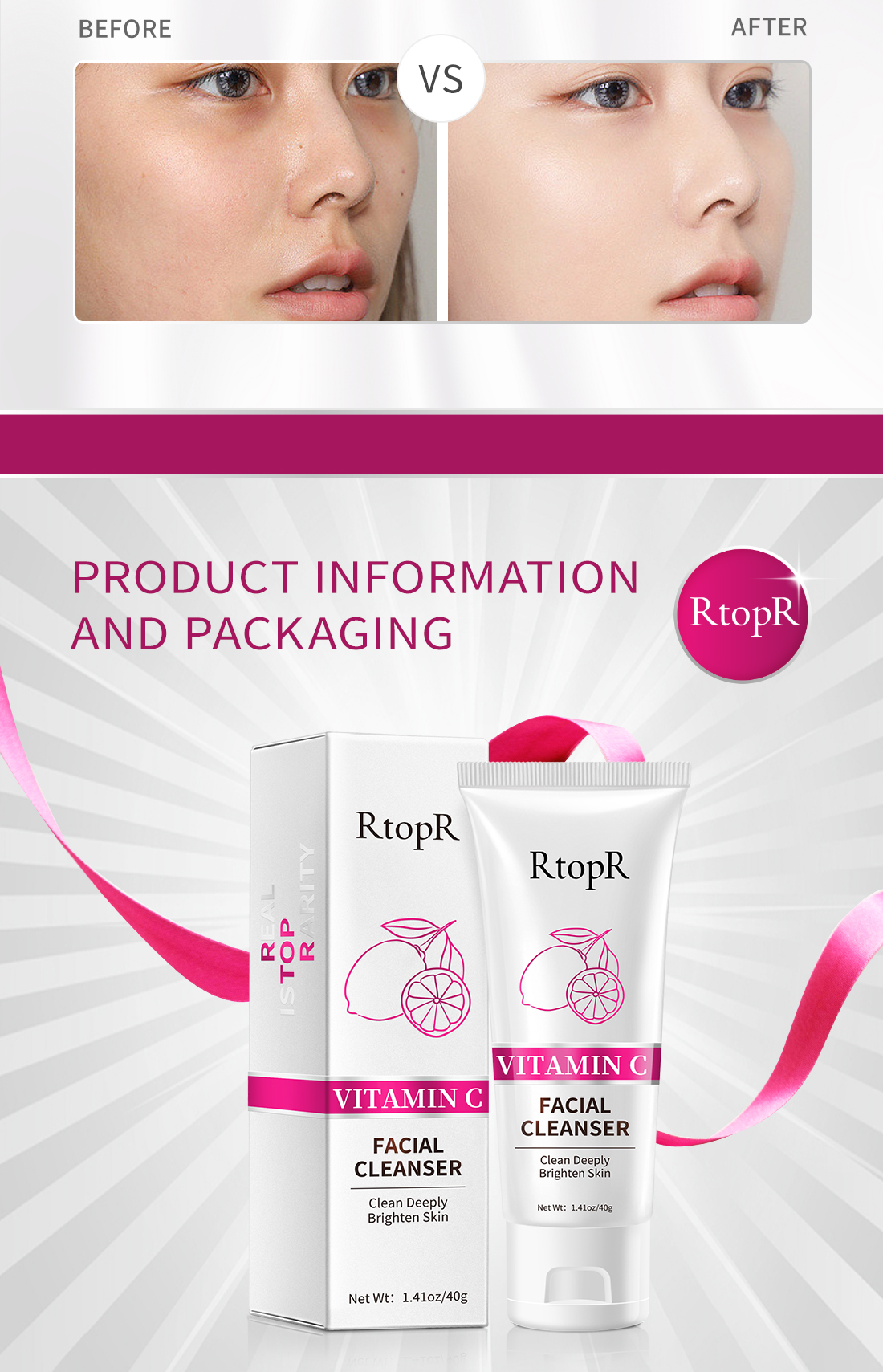 Mô tả Sữa Rửa Mặt Tạo Bọt Vitamin c RtopR Cải Thiện Da Mụn Đầu Đen Kiềm Dầu Làm Sạch Da Lỗ Chân Lông Hỗ Trợ Da Dầu/ Da Khô/ Da Hỗn Hợp Cleanser Sâu Kiềm Dầu Cho Da Mụn Deep Cleansing Foam 40g - 8