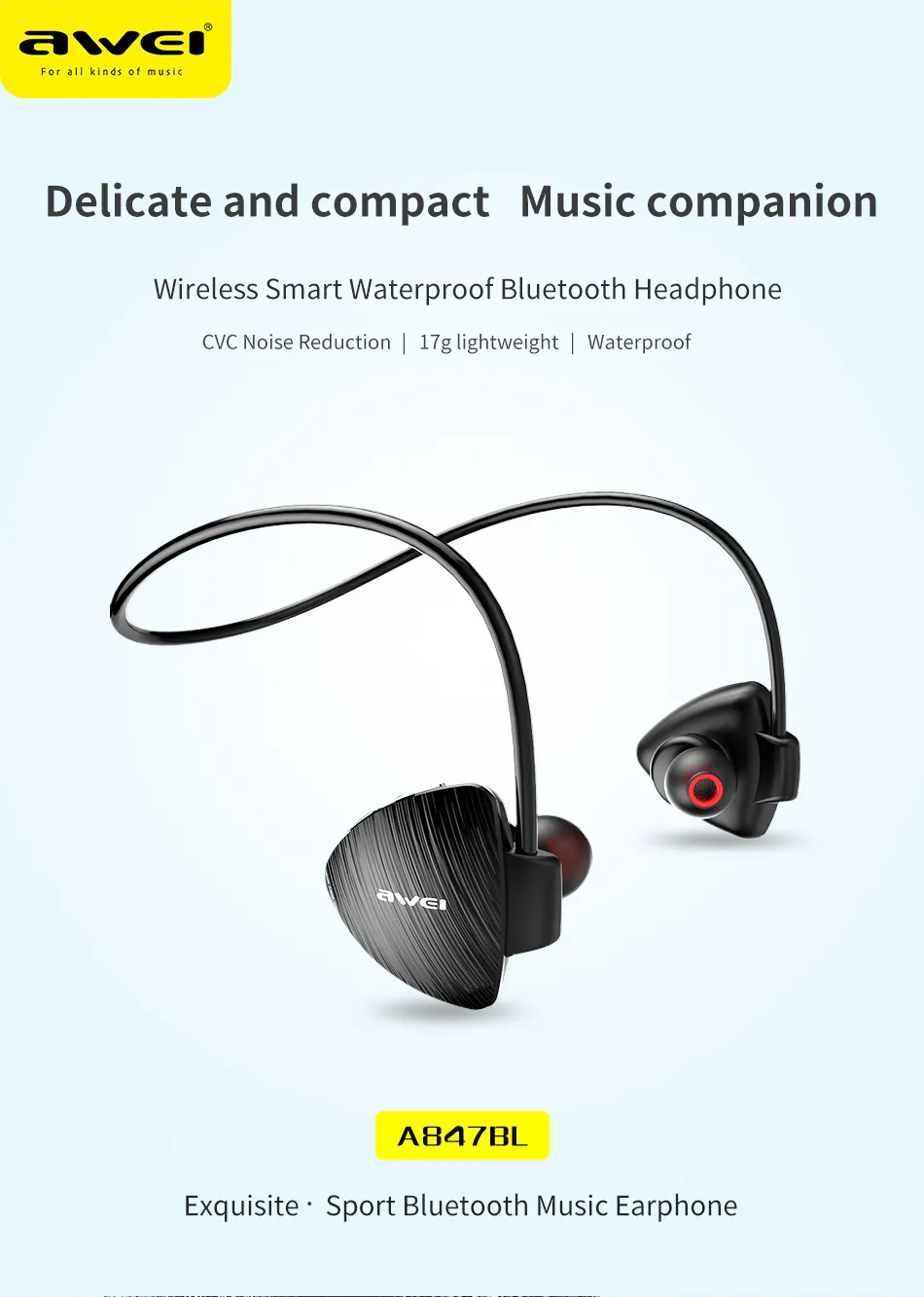 Mô tả Tai Nghe Thể Thao Awei A847BL Đeo Cổ Bluetooth Chống Nước IPX4 Cổ Mic HD chính hãng - 1