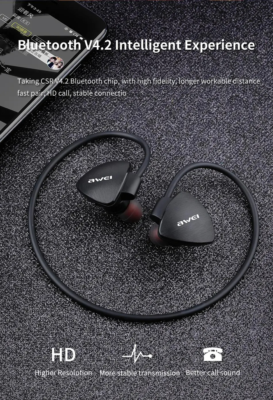 Mô tả Tai Nghe Thể Thao Awei A847BL Đeo Cổ Bluetooth Chống Nước IPX4 Cổ Mic HD chính hãng - 2