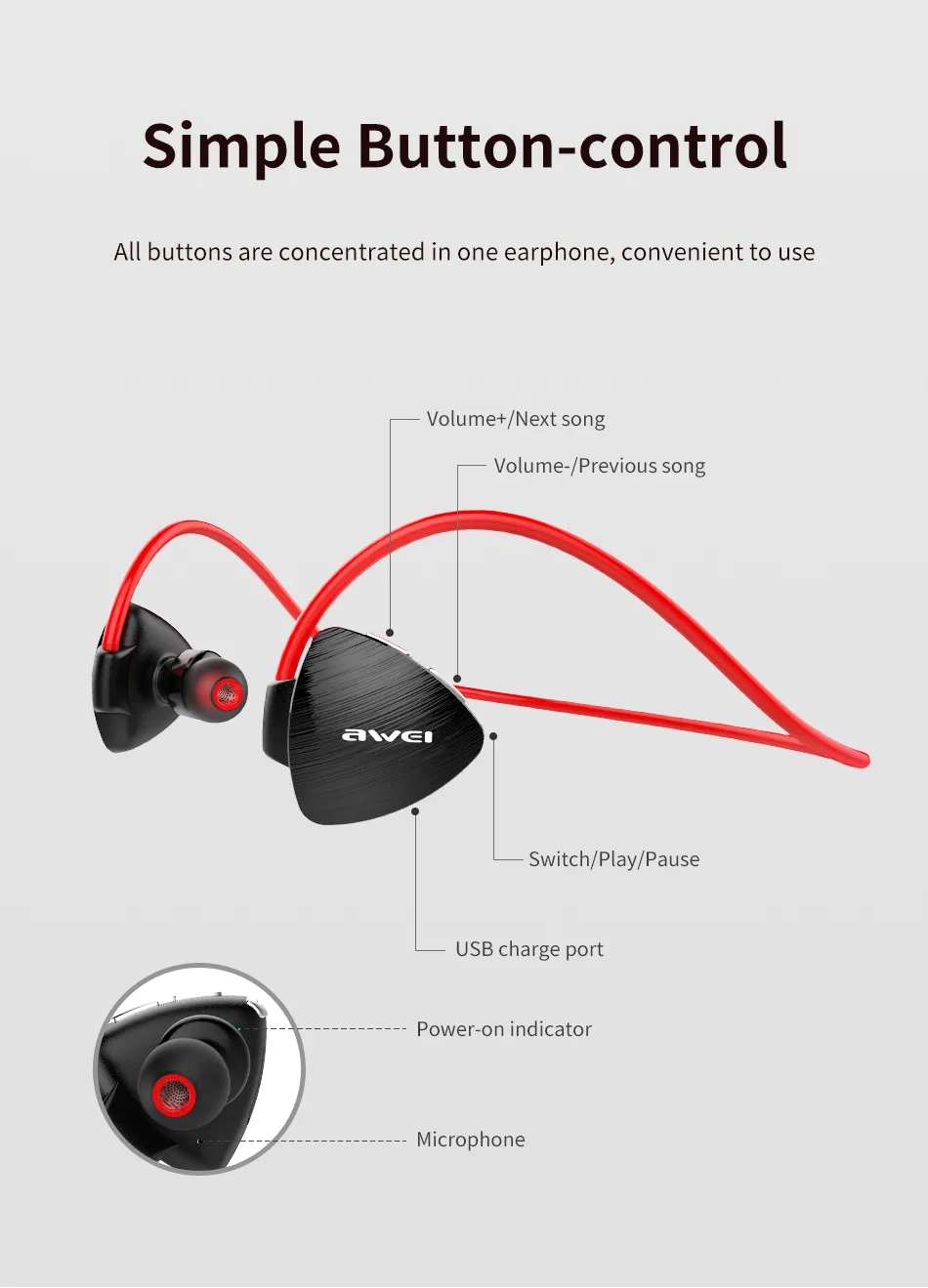 Mô tả Tai Nghe Thể Thao Awei A847BL Đeo Cổ Bluetooth Chống Nước IPX4 Cổ Mic HD chính hãng - 6