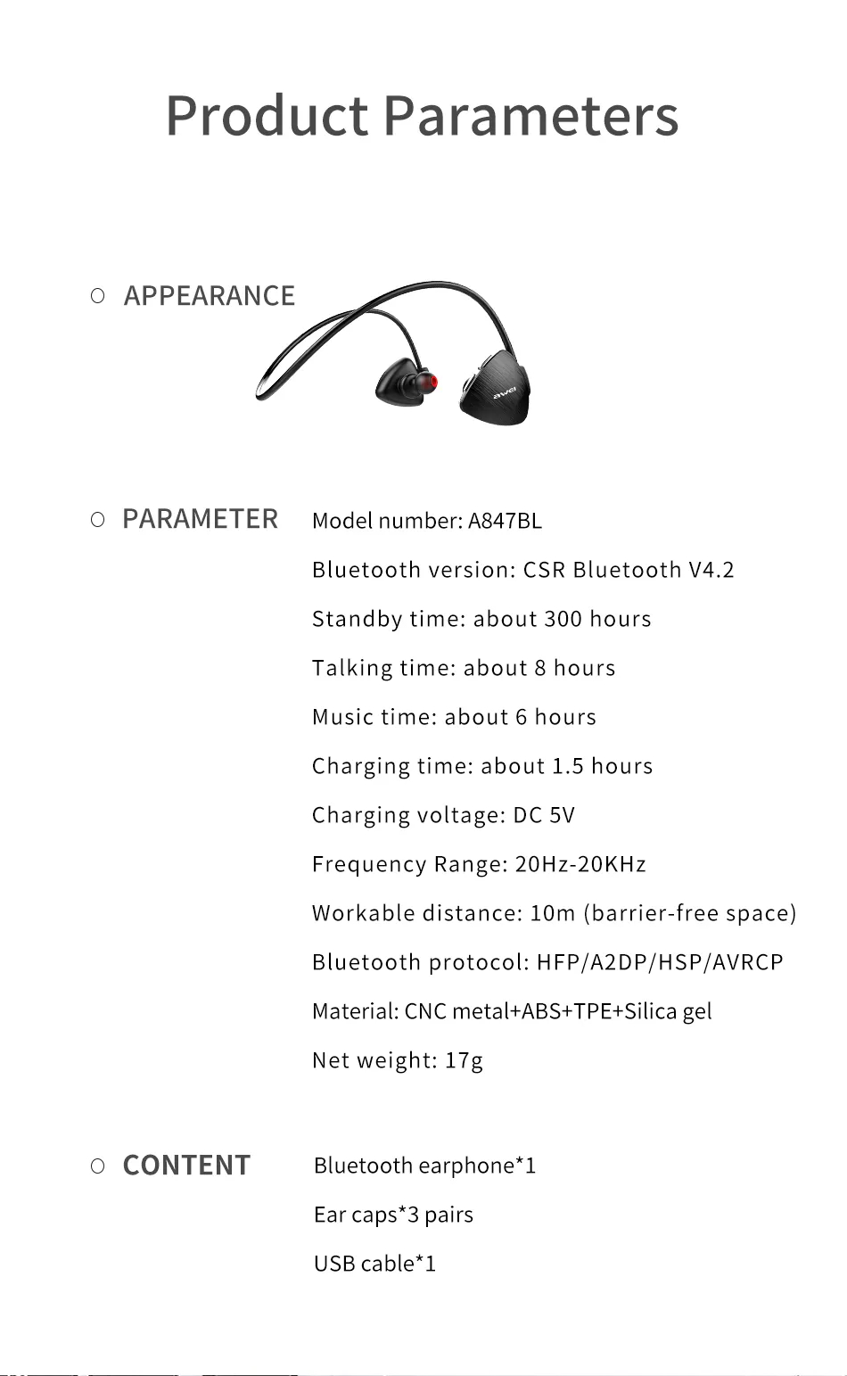 Mô tả Tai Nghe Thể Thao Awei A847BL Đeo Cổ Bluetooth Chống Nước IPX4 Cổ Mic HD chính hãng - 12