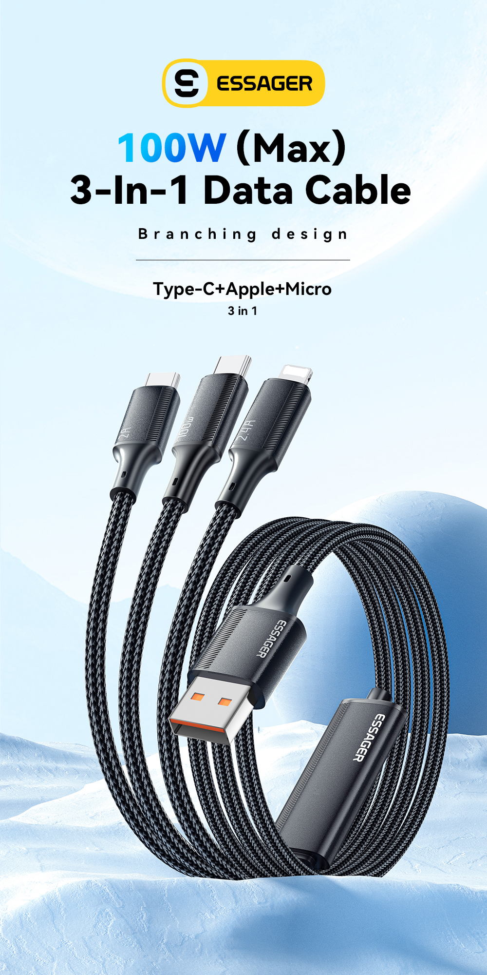 Mô tả Dây cáp sạc ESSAGER 3 trong 1 Micro USB Type C IOS fsat cho Huawei Samsung 7A 100W - 1