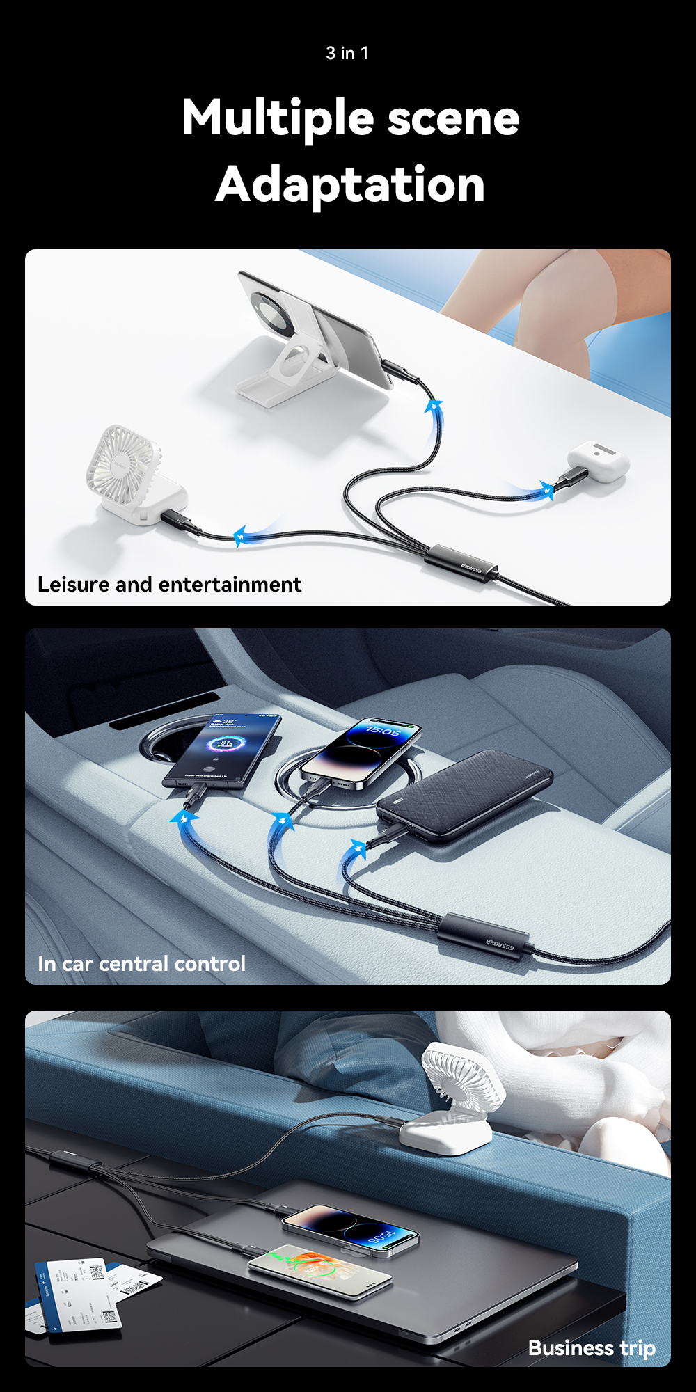 Mô tả Dây cáp sạc ESSAGER 3 trong 1 Micro USB Type C IOS fsat cho Huawei Samsung 7A 100W - 11
