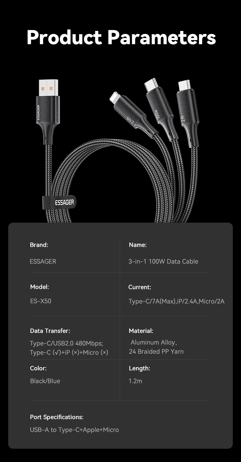 Mô tả Dây cáp sạc ESSAGER 3 trong 1 Micro USB Type C IOS fsat cho Huawei Samsung 7A 100W - 12