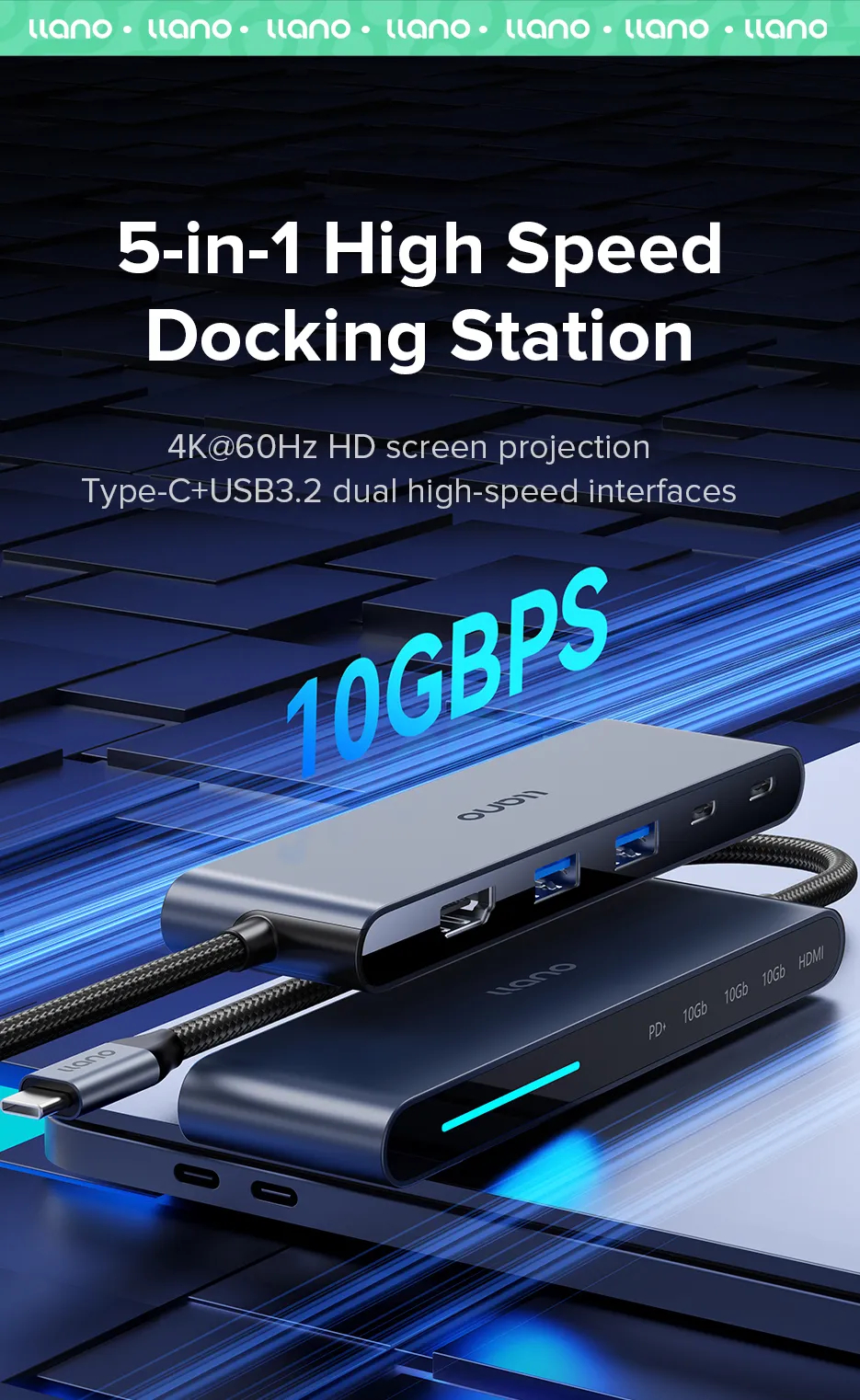 Mô tả Bộ chia cổng usb LLANO type-c sang usb / type-c 3.2 hdmi 4k 60hz pd 10Gbps 5 trong 1 - 1