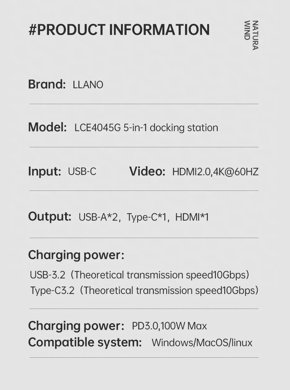 Mô tả Bộ chia cổng usb LLANO type-c sang usb / type-c 3.2 hdmi 4k 60hz pd 10Gbps 5 trong 1 - 12
