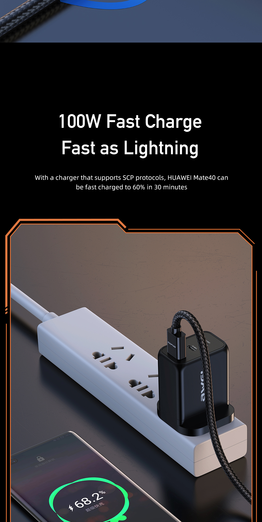 Mô tả Dây sạc Awei CL-139 100W Sạc nhanh USB Type C Micro Phone Cáp bện nylon - 5