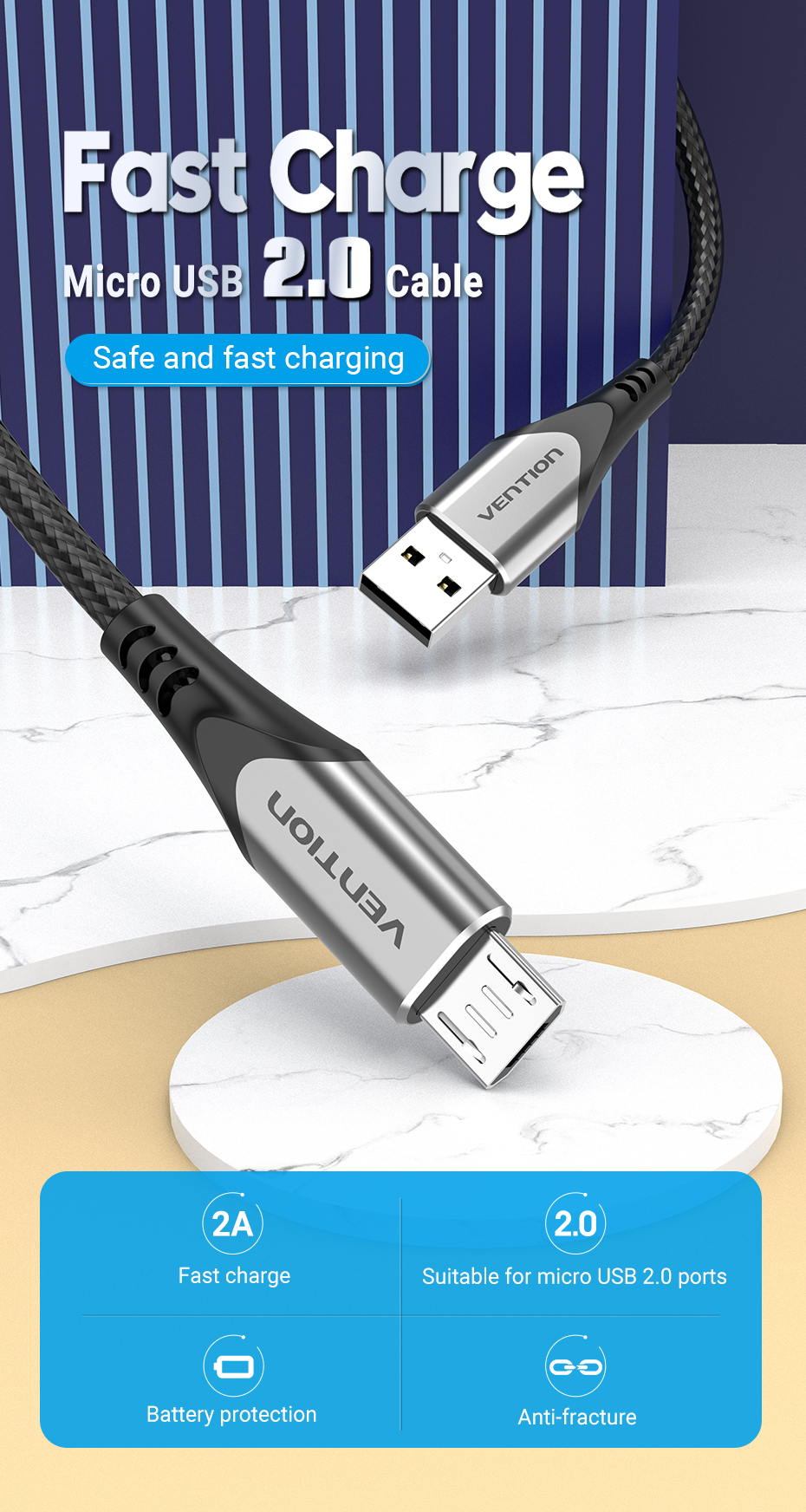 Mô tả Cáp Micro USB Sạc nhanh Vention 3A Dây ruyền dữ liệu bện nylon dành cho Android - 8