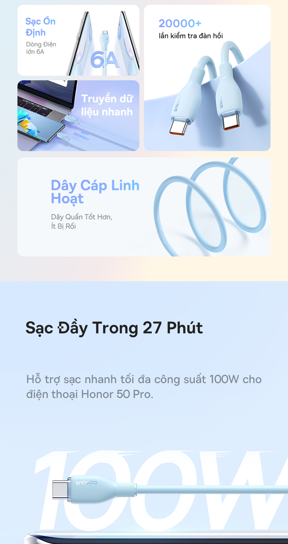 Mô tả Cáp sạc nhanh BASEUS 100W USB Type C 6A - 2